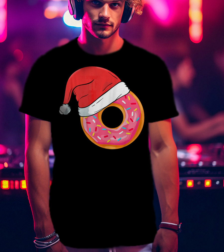 Santa Hat On Sprinkled Donut Holiday Humor T-Shirt