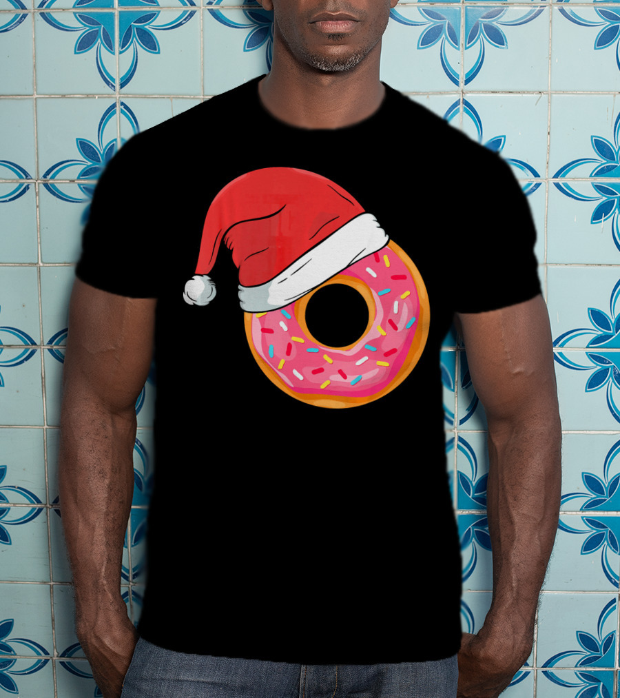 Santa Hat On Sprinkled Donut Holiday Humor T-Shirt