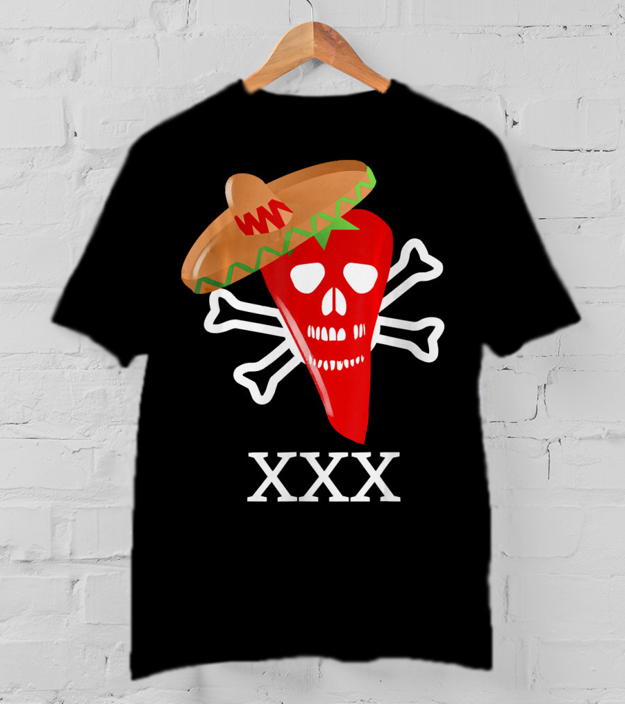 Funny Red Hot Chili Pepper Sombrero Skull Crossbones XXX T-Shirt