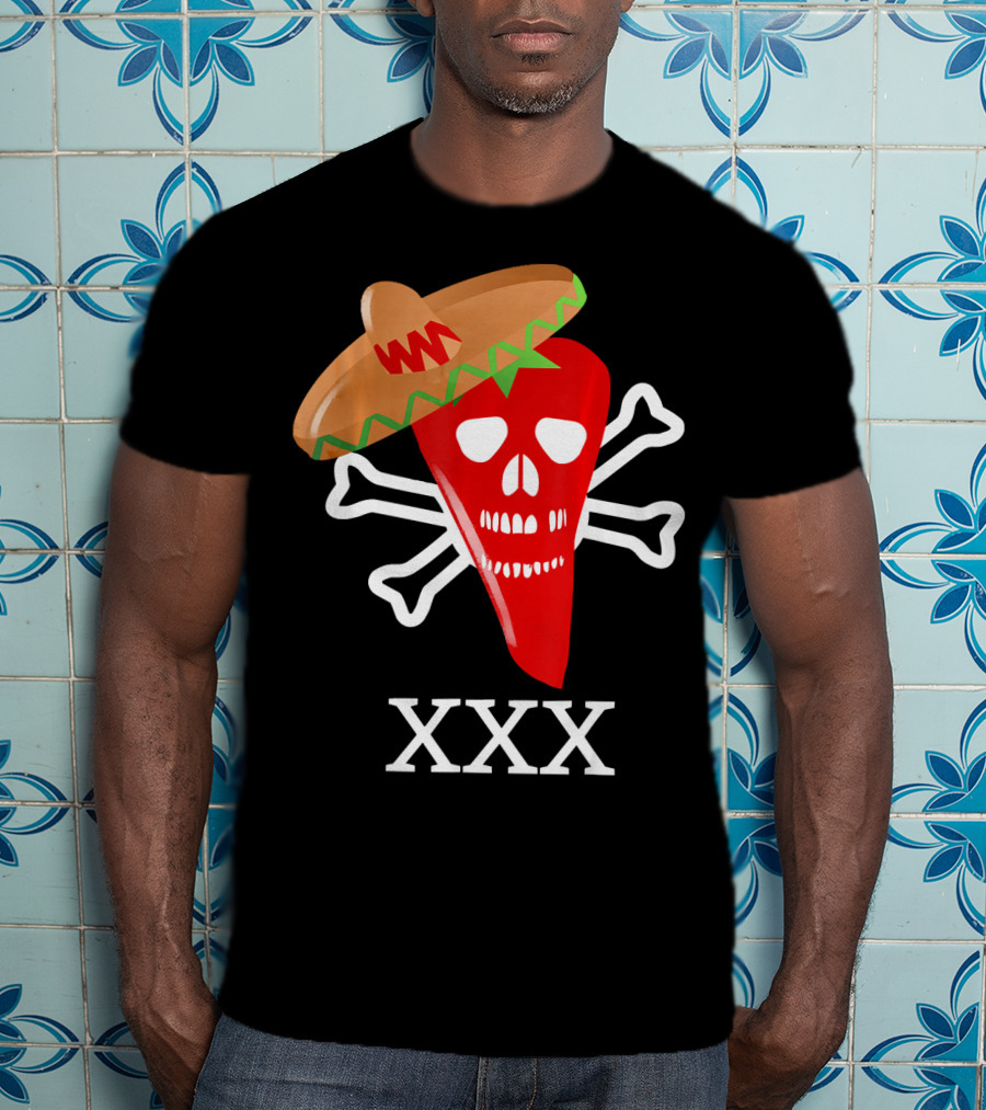 Funny Red Hot Chili Pepper Sombrero Skull Crossbones XXX T-Shirt