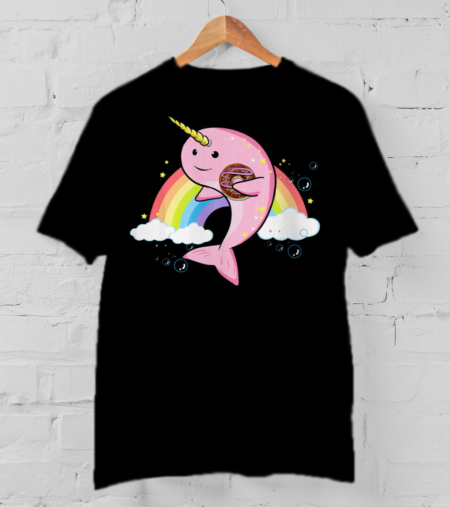 Funny Narwhal Unicorn Of The Sea With Donut On Rainbow Cloud T-Shirt