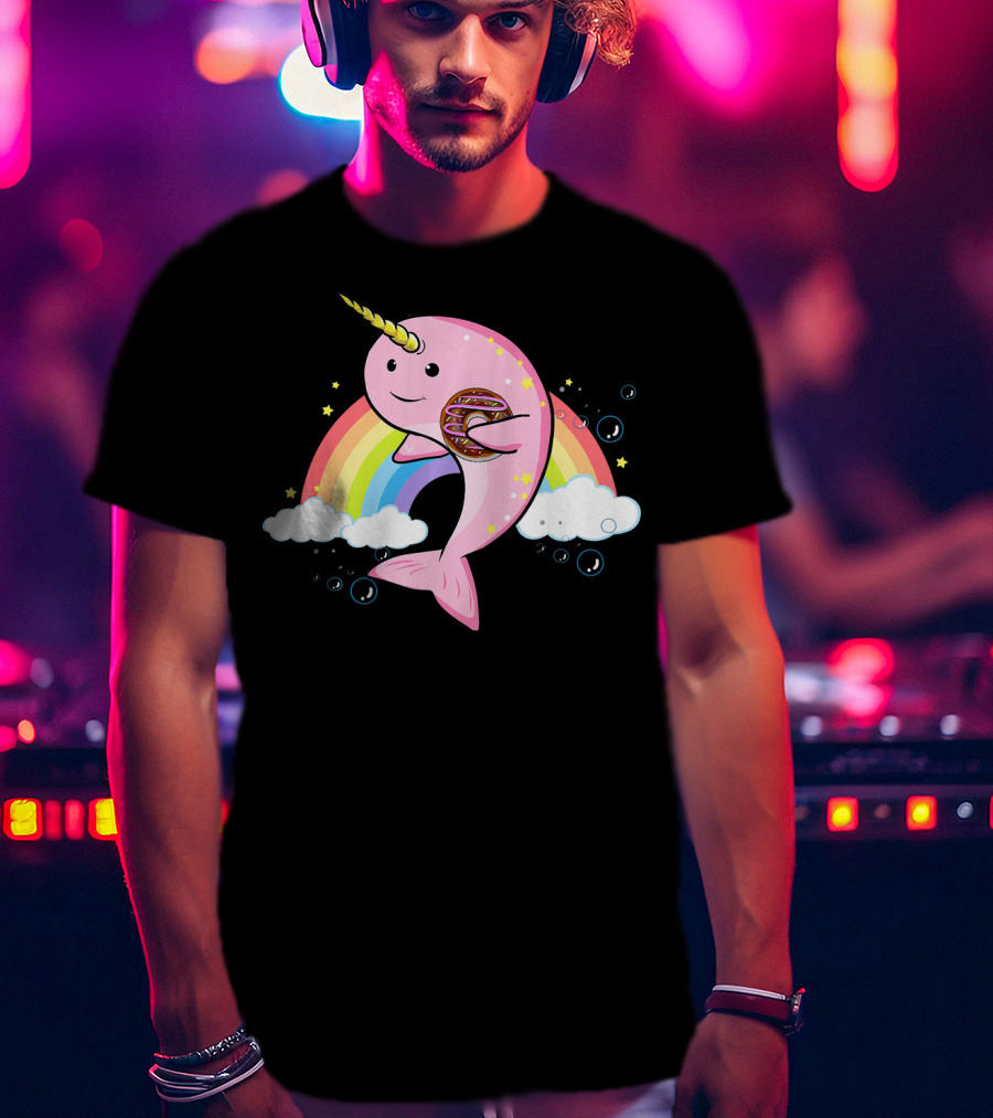 Funny Narwhal Unicorn Of The Sea With Donut On Rainbow Cloud T-Shirt