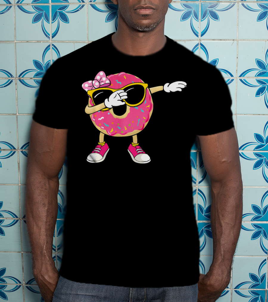 Dabbing Donut With Pink Frosting Sunglasses And Bow T-Shirt