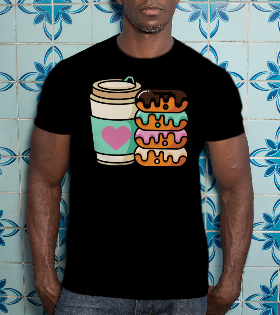 Coffee Donut Lover Heart Stack Doughnut T-Shirt