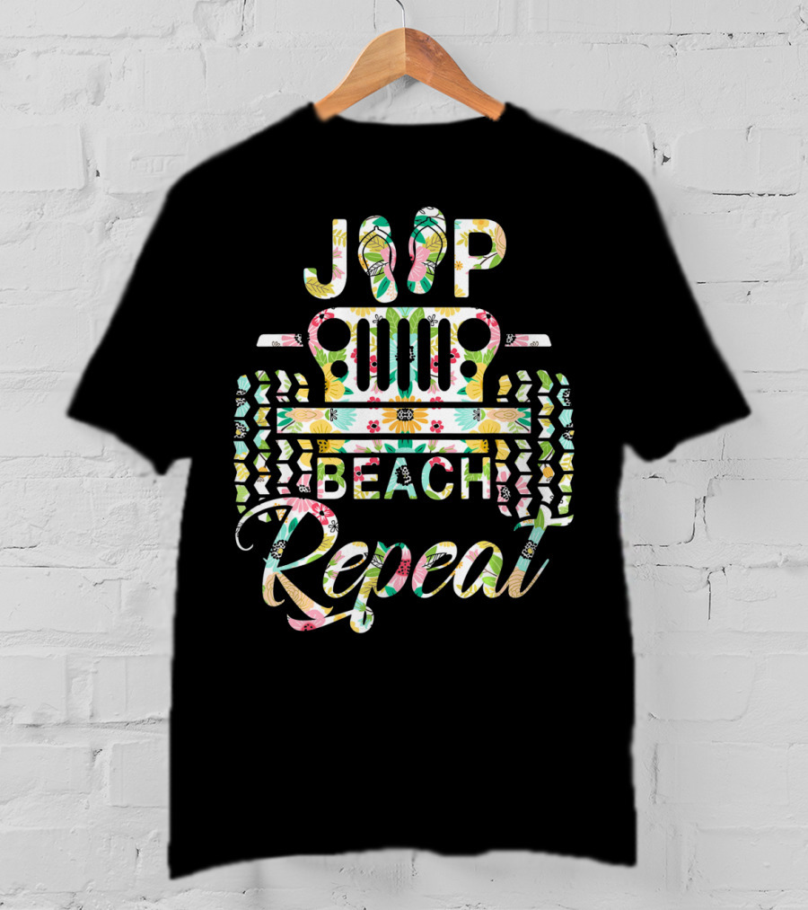 Jeep Beach Repeat Summer Flip Flop Flower T-Shirt
