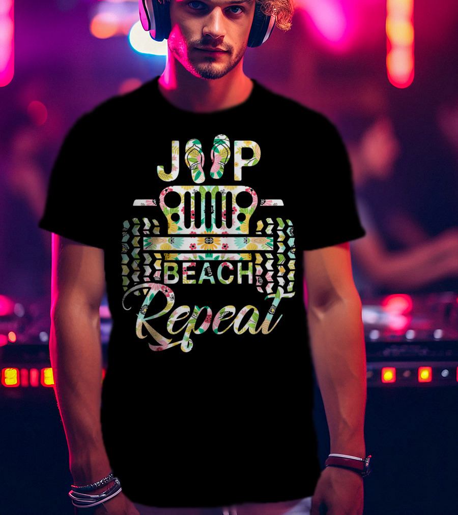 Jeep Beach Repeat Summer Flip Flop Flower T-Shirt