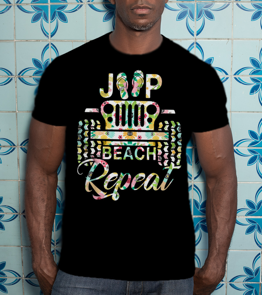 Jeep Beach Repeat Summer Flip Flop Flower T-Shirt