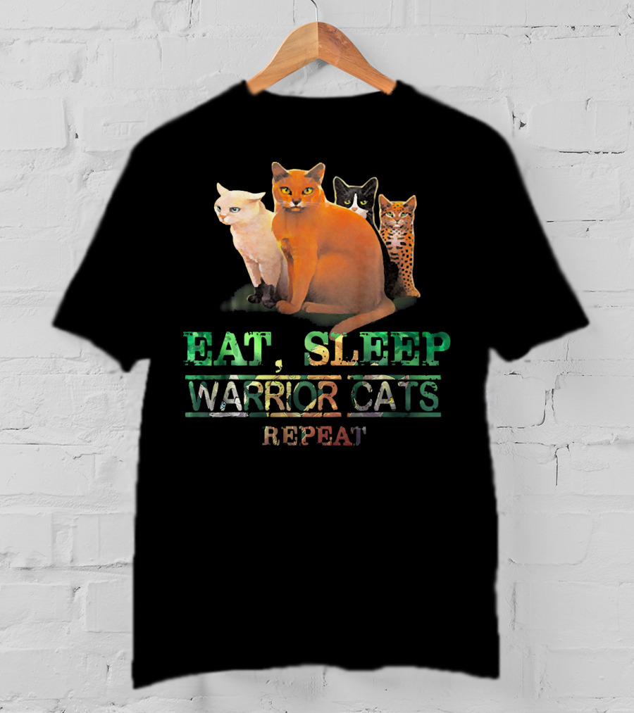 Eat Sleep Warrior Cats Repeat Funny Cat Illustration With Four Colorful Feline Characters T-Shirt