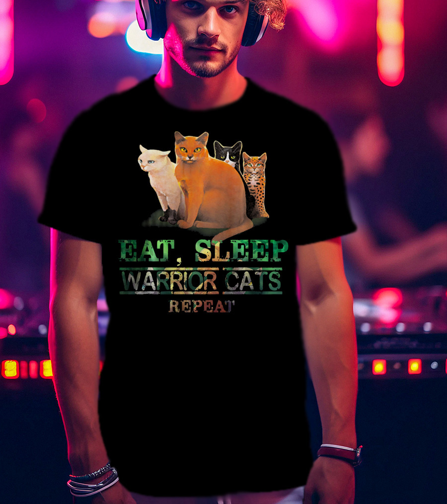 Eat Sleep Warrior Cats Repeat Funny Cat Illustration With Four Colorful Feline Characters T-Shirt