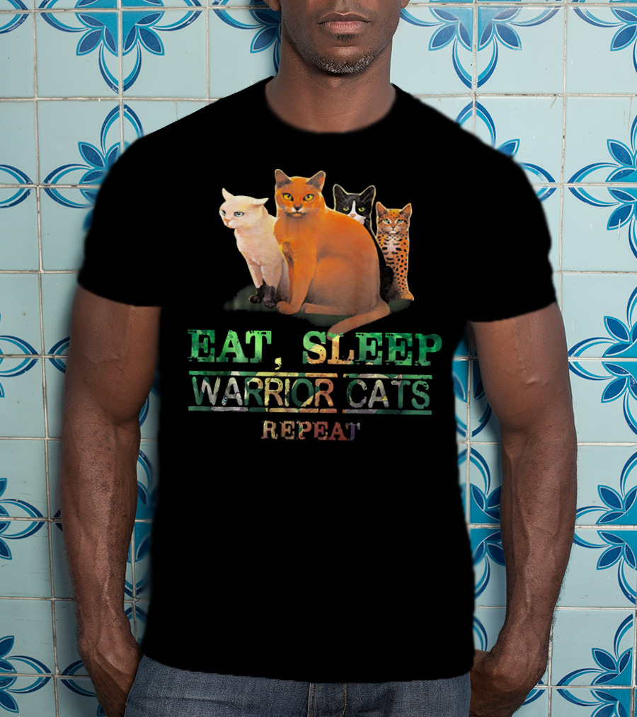 Eat Sleep Warrior Cats Repeat Funny Cat Illustration With Four Colorful Feline Characters T-Shirt