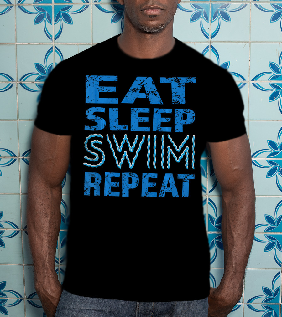 Eat Sleep Swim Repeat Wavy Text Blue T-Shirt