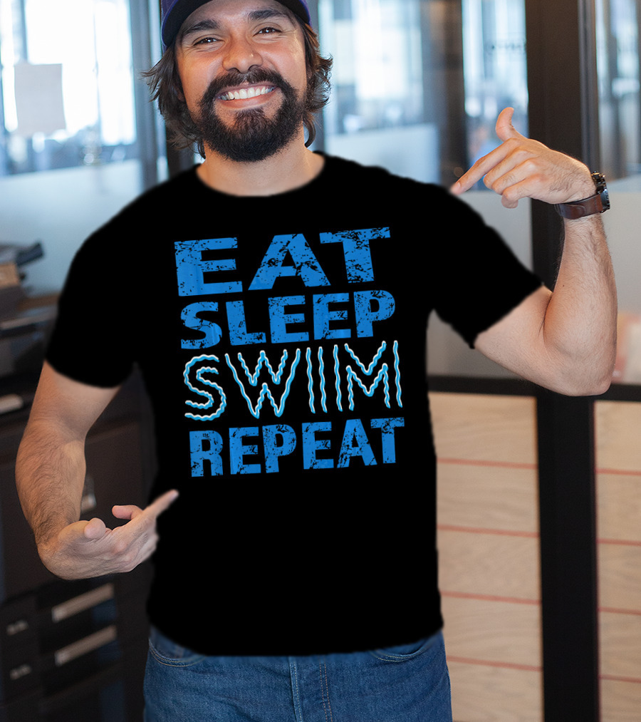 Eat Sleep Swim Repeat Wavy Text Blue T-Shirt