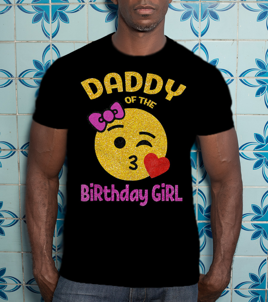 Daddy Of The Birthday Girl Emoji Pink Glitter Heart Bow T-Shirt