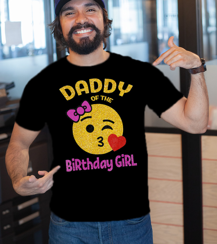 Daddy Of The Birthday Girl Emoji Pink Glitter Heart Bow T-Shirt