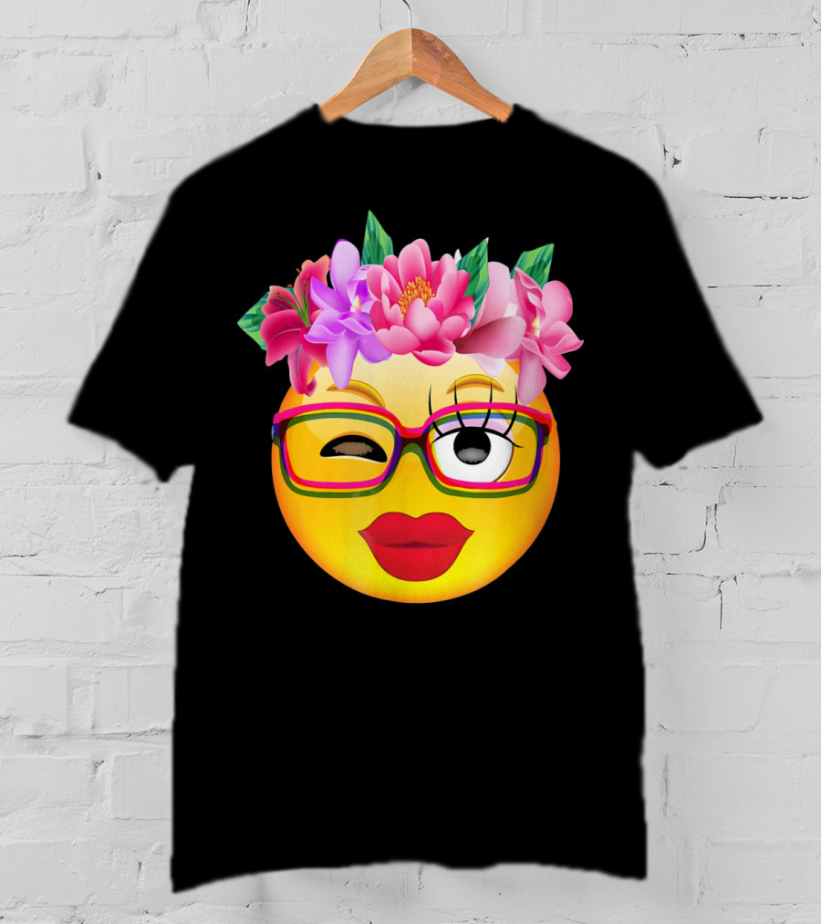 Emoji Face Smiley Emoticon Nerd Winking Glasses And Flower Crown T-Shirt