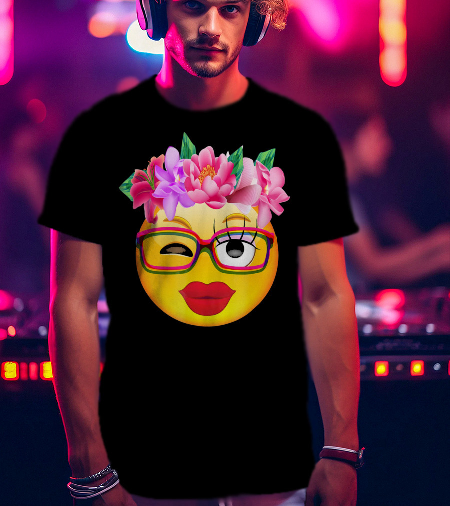 Emoji Face Smiley Emoticon Nerd Winking Glasses And Flower Crown T-Shirt