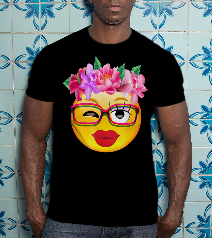Emoji Face Smiley Emoticon Nerd Winking Glasses And Flower Crown T-Shirt