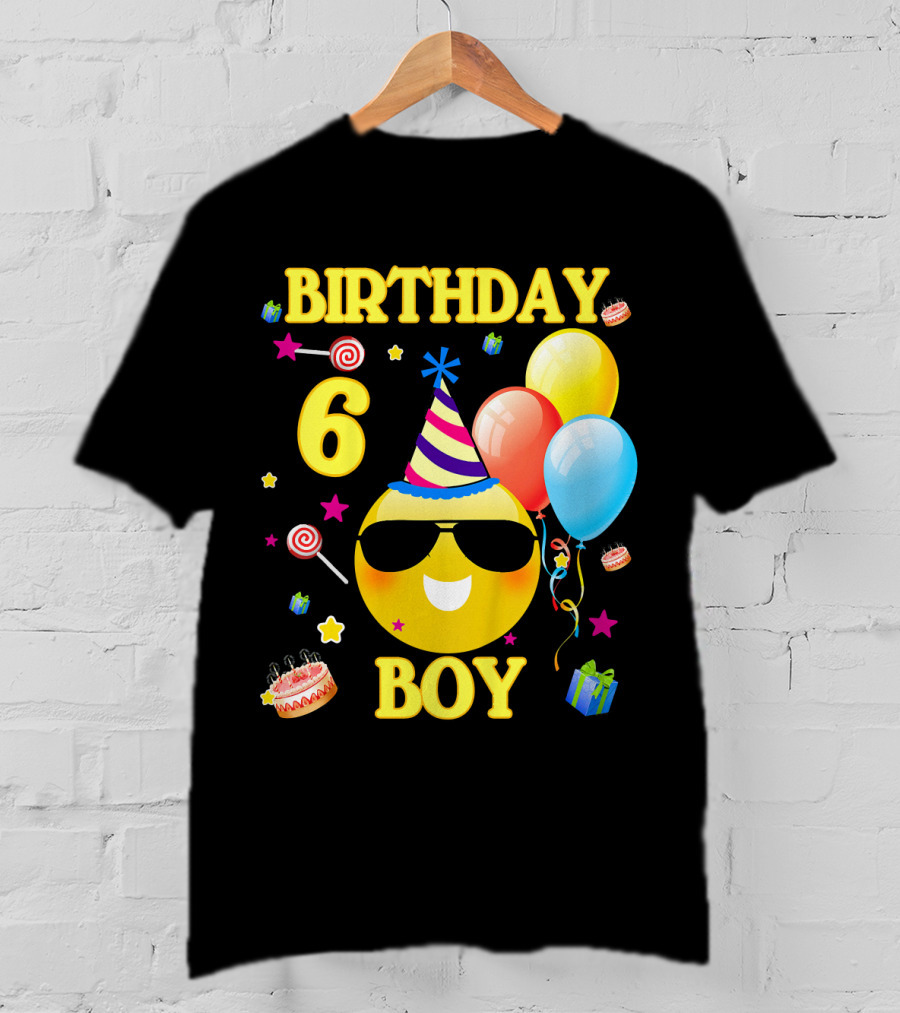 Birthday 6 Boy Emoji With Party Hat And Balloons T-Shirt