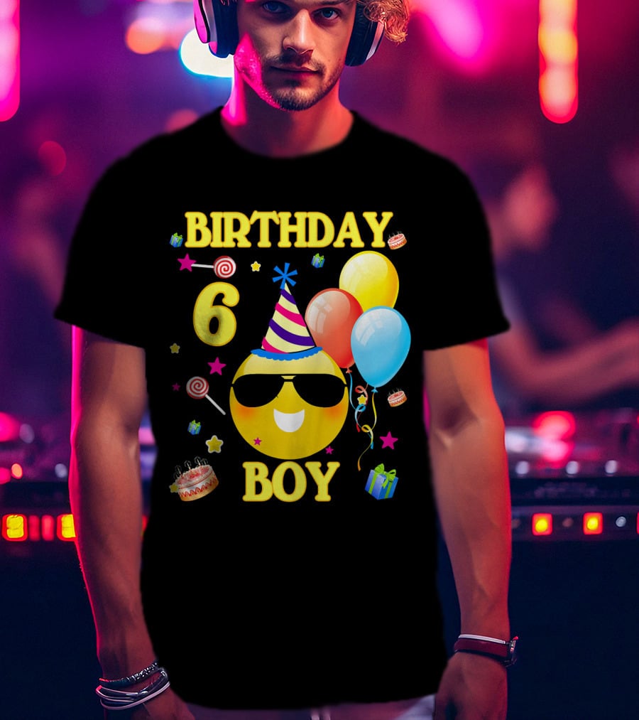 Birthday 6 Boy Emoji With Party Hat And Balloons T-Shirt