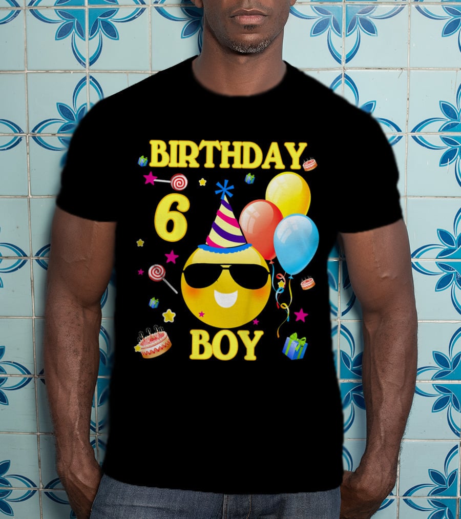 Birthday 6 Boy Emoji With Party Hat And Balloons T-Shirt