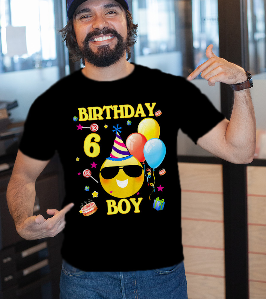 Birthday 6 Boy Emoji With Party Hat And Balloons T-Shirt