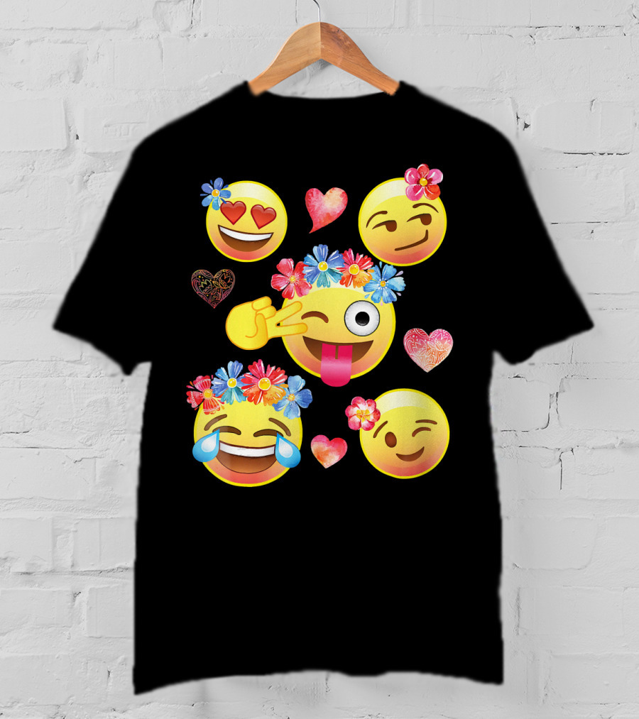 Cute Emoji Flower Crowns Heart Eyes Wink Tongue Out Laughing Crying Hearts T-Shirt