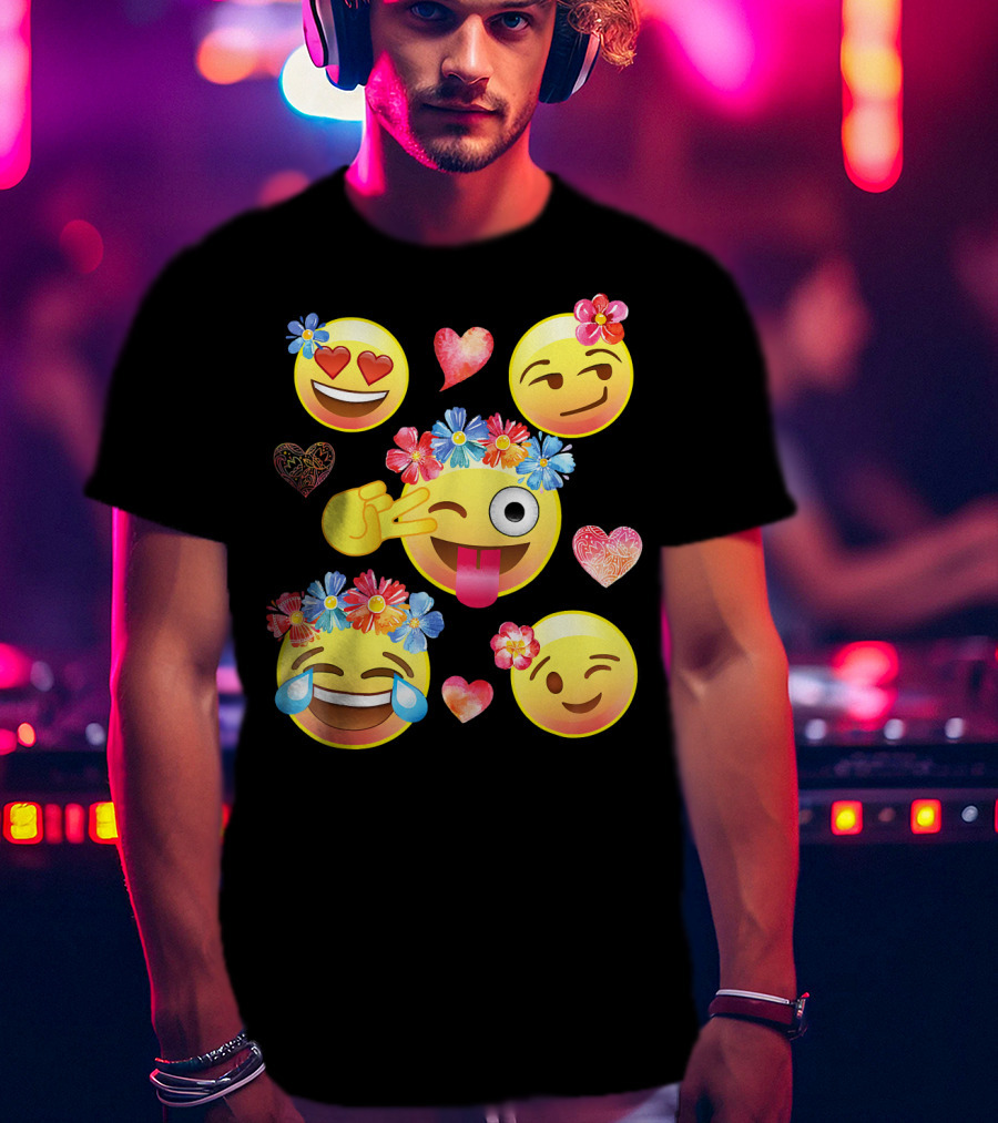 Cute Emoji Flower Crowns Heart Eyes Wink Tongue Out Laughing Crying Hearts T-Shirt
