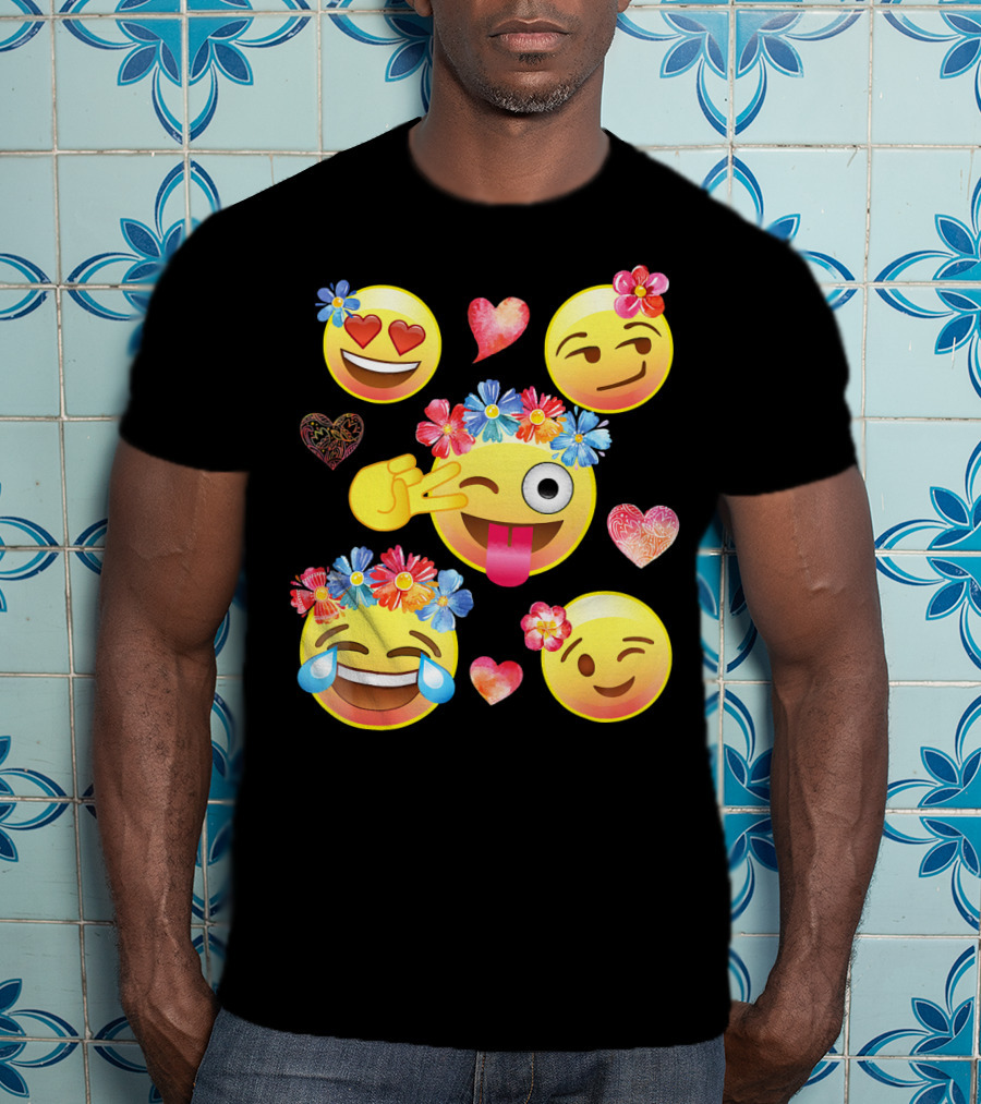 Cute Emoji Flower Crowns Heart Eyes Wink Tongue Out Laughing Crying Hearts T-Shirt