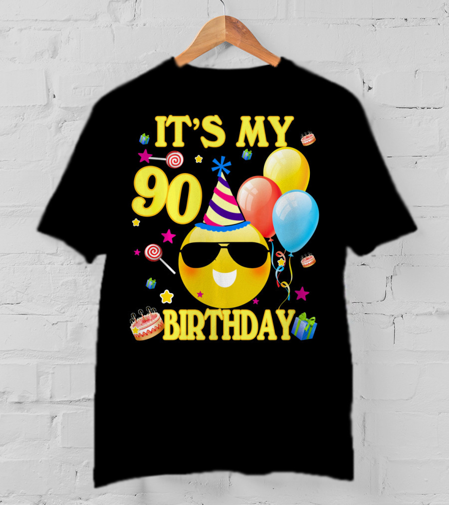 It's My 90 Birthday Cute Emoji Cake Balloons Party Hat T-Shirt