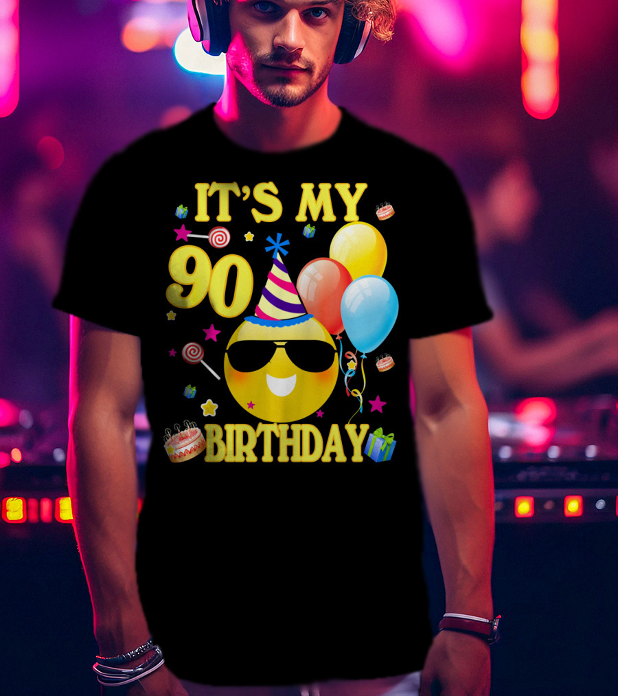 It's My 90 Birthday Cute Emoji Cake Balloons Party Hat T-Shirt