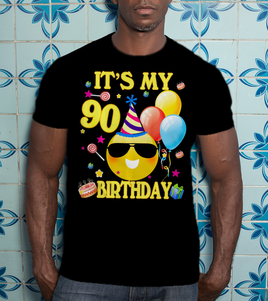 It's My 90 Birthday Cute Emoji Cake Balloons Party Hat T-Shirt