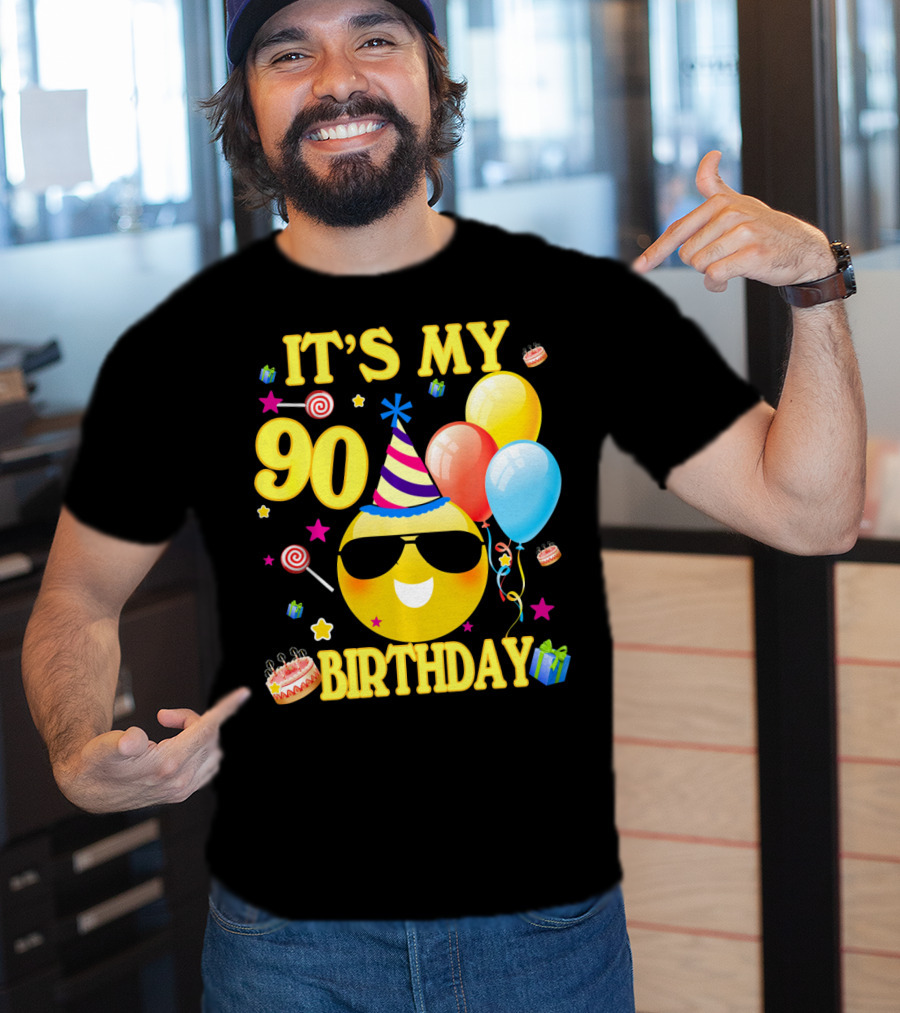 It's My 90 Birthday Cute Emoji Cake Balloons Party Hat T-Shirt