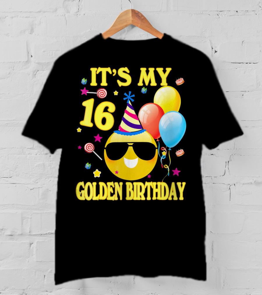 It's My 16 Golden Birthday Emoji Balloons Party Hat T-Shirt