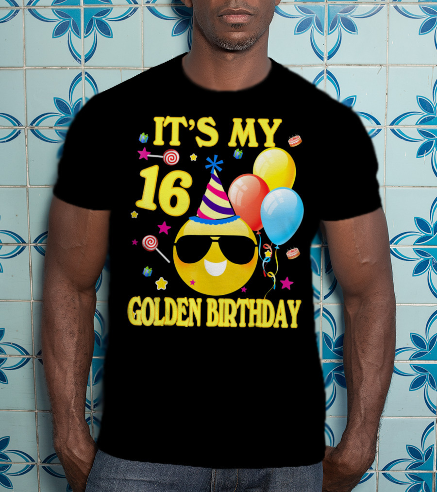 It's My 16 Golden Birthday Emoji Balloons Party Hat T-Shirt