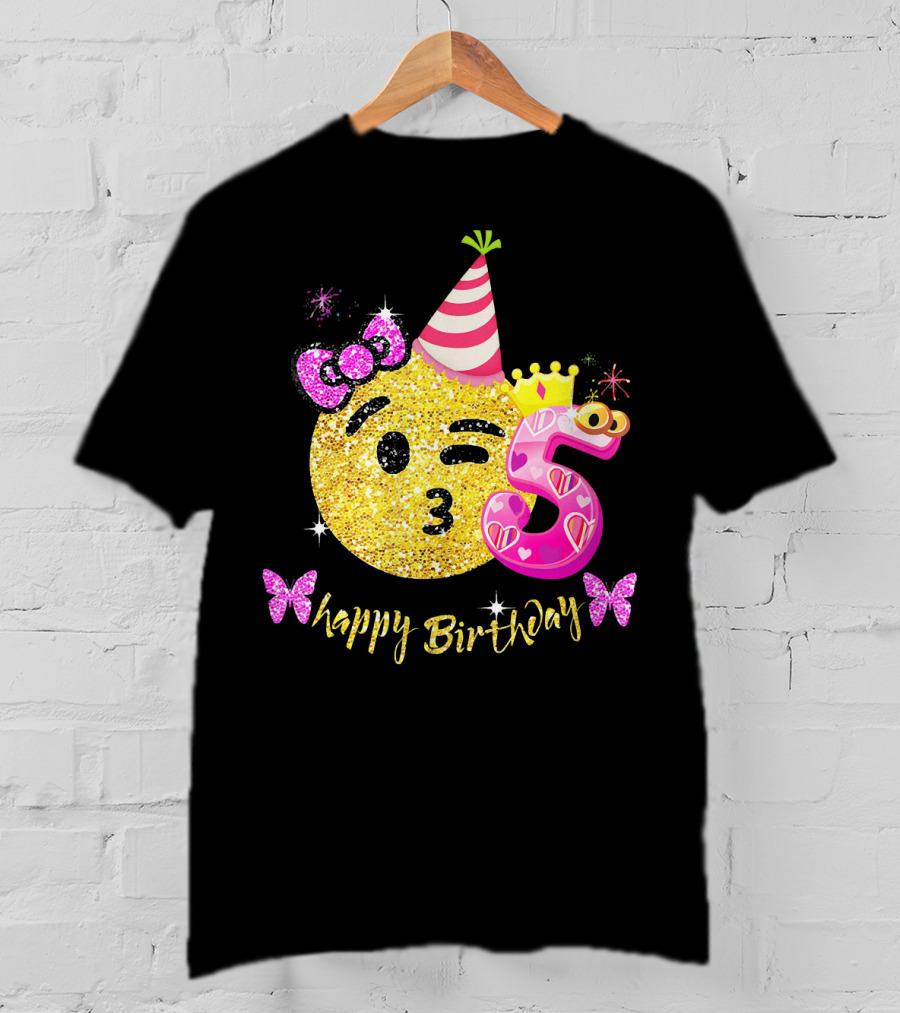Happy Birthday Five Years Emoji Glitter T-Shirt