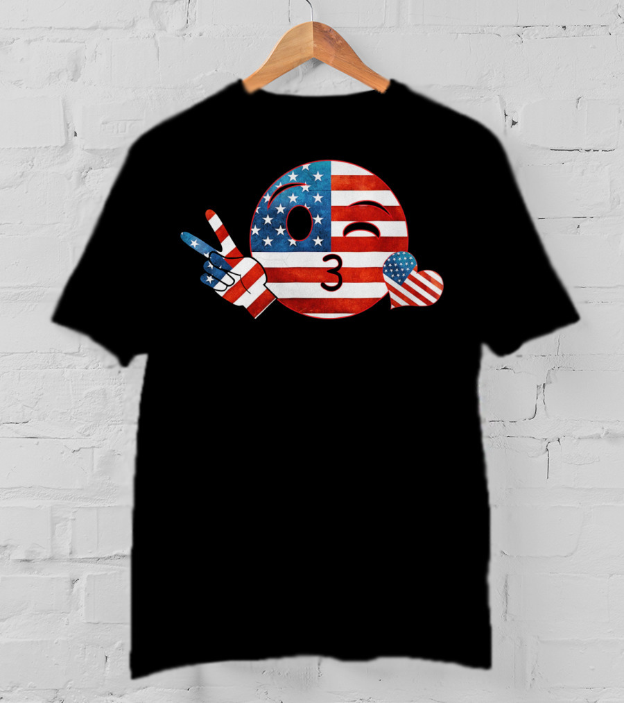 Unique Peace Emoji Patriotic American Flag Kiss Heart T-Shirt