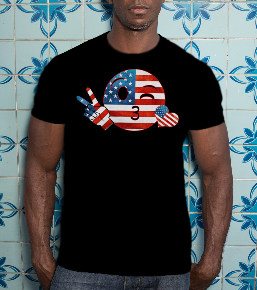Unique Peace Emoji Patriotic American Flag Kiss Heart T-Shirt