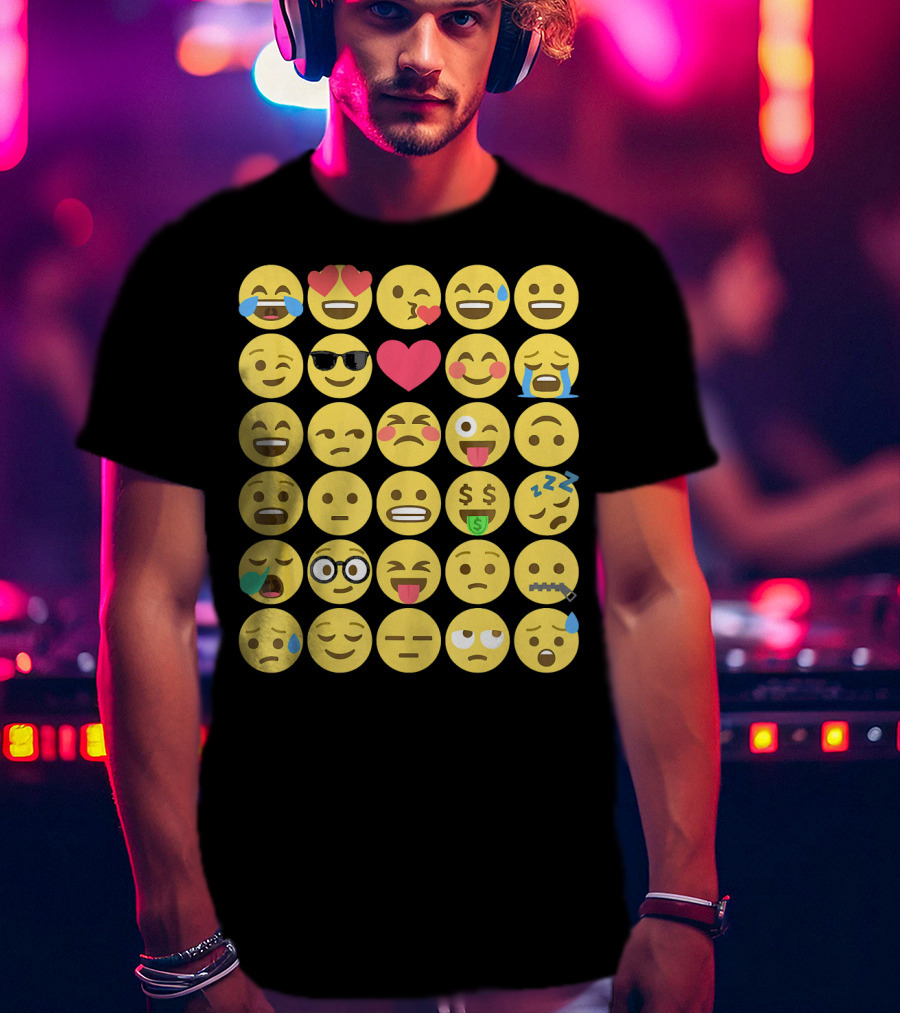 Emoji Emoticons Smiley Faces Heart Sunglasses Laughing Crying Stack T-Shirt
