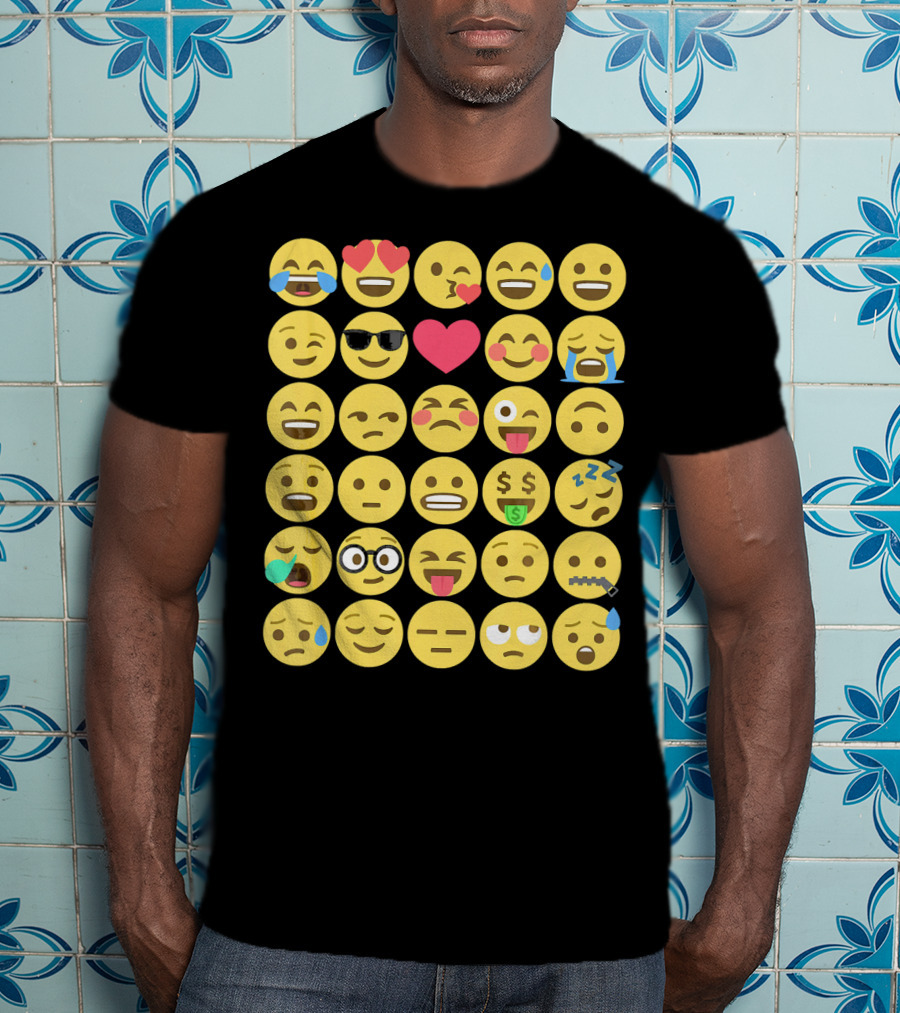 Emoji Emoticons Smiley Faces Heart Sunglasses Laughing Crying Stack T-Shirt