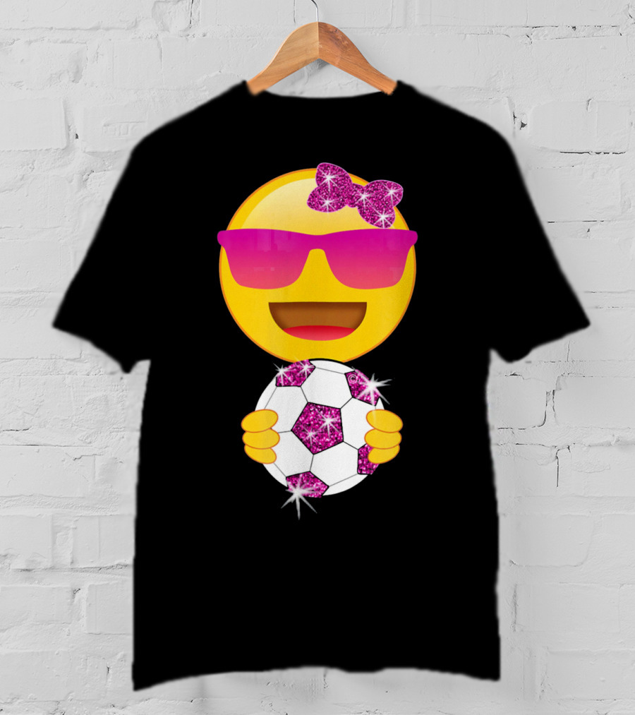 Cute Emoji With Sunglasses Holding A Sparkling Soccer Ball And Glitter Bow T-Shirt