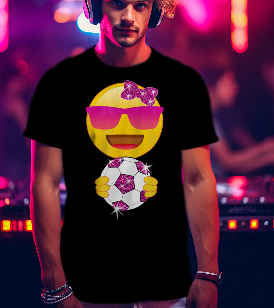 Cute Emoji With Sunglasses Holding A Sparkling Soccer Ball And Glitter Bow T-Shirt