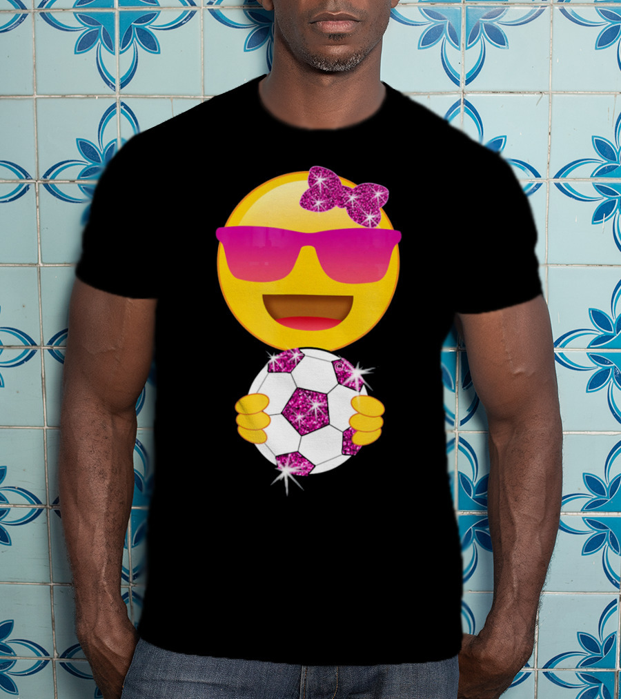 Cute Emoji With Sunglasses Holding A Sparkling Soccer Ball And Glitter Bow T-Shirt