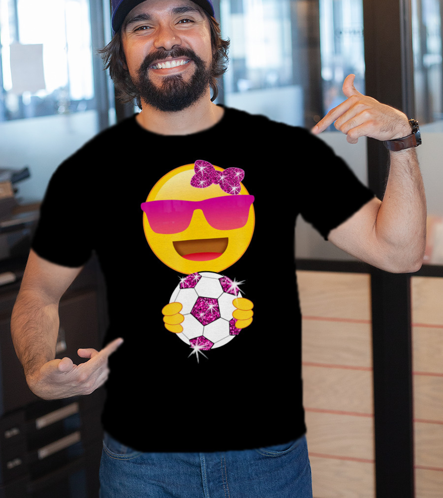 Cute Emoji With Sunglasses Holding A Sparkling Soccer Ball And Glitter Bow T-Shirt