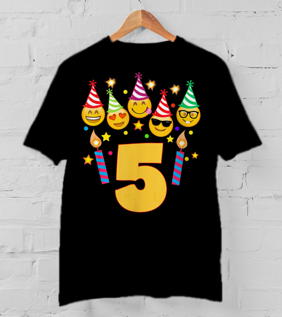 Five Year Old Birthday With Party Emoji Faces And Candles T-Shirt