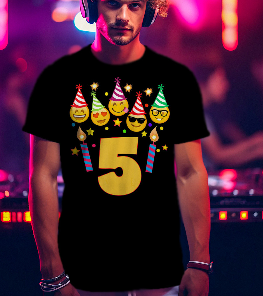Five Year Old Birthday With Party Emoji Faces And Candles T-Shirt