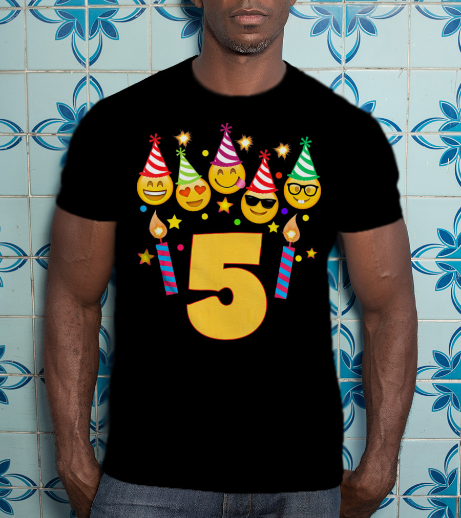 Five Year Old Birthday With Party Emoji Faces And Candles T-Shirt