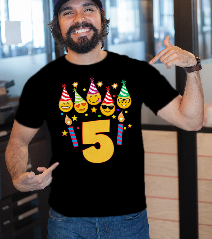Five Year Old Birthday With Party Emoji Faces And Candles T-Shirt