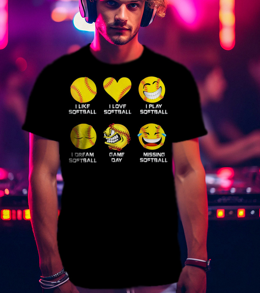 Softball Emoji I Like Love Play Dream Game Day Missing Softball T-Shirt