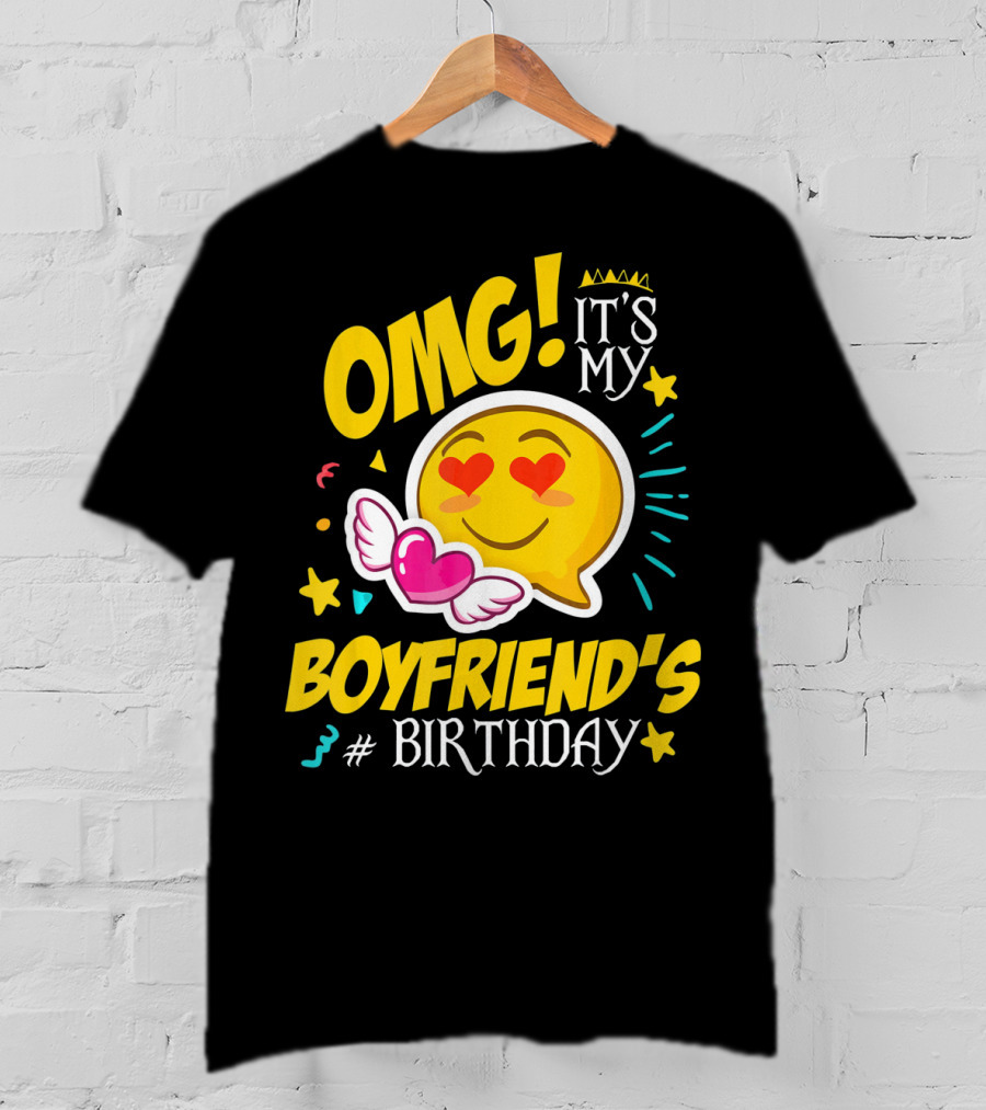 OMG It's My Boyfriend's Birthday Cool Emo Emoji Hearts Wings T-Shirt