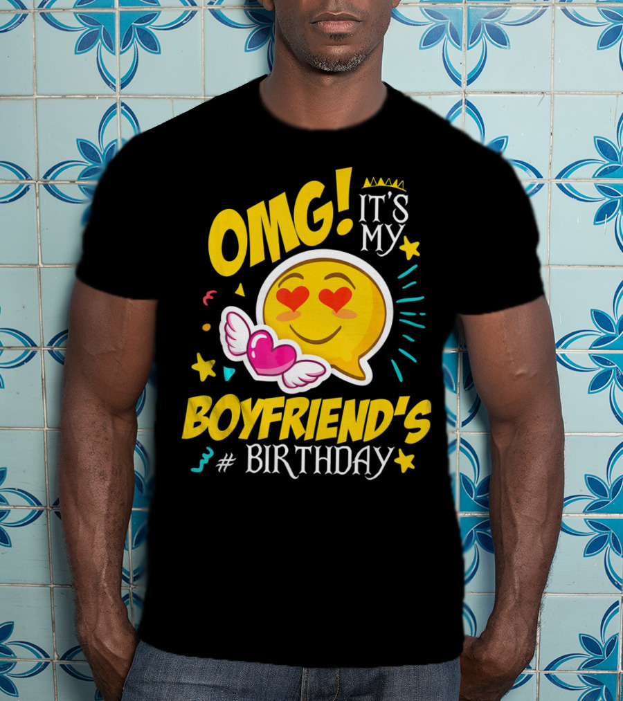 OMG It's My Boyfriend's Birthday Cool Emo Emoji Hearts Wings T-Shirt